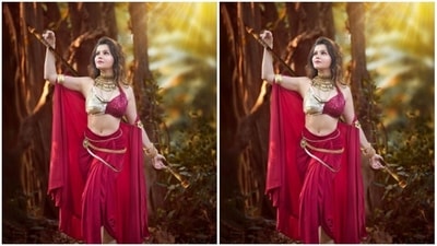 Rubina's skirt came with multiple golden chains. She further accessorised her look with multiple golden choker and necklace, gold bangles and gold anklets. (Instagram/@rubinadilaik)