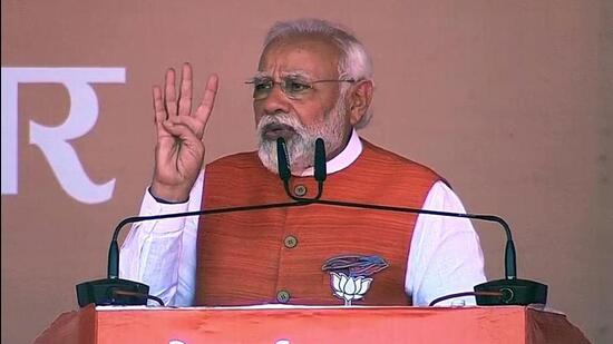 Prime Minister Narendra Modi at a poll rally in Sonbhadra, where he spoke about the Ukraine crisis on March 2. (ANI PHOTO)