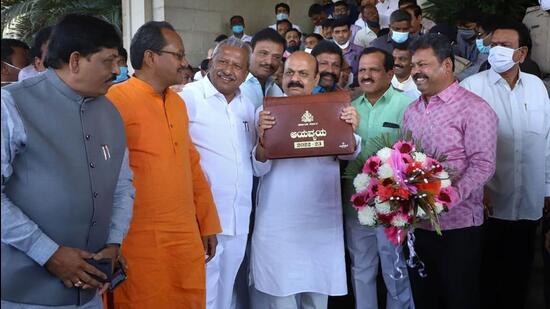 Chief minister Basavaraj Bommai before presenting the Budget 2022-23, in Bengaluru on Friday. (PTI)