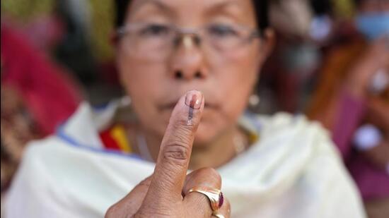 An elderly woman after casting her vote in the first phase of Manipur elections on February 28. (AP Photo) An elderly woman after casting her vote in the first phase of Manipur elections on February 28. (AP Photo)