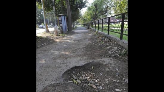 Poor condition of a cycle track on the Sector 23- 24 dividing road in Chandigarh. (Keshav Singh/HT)