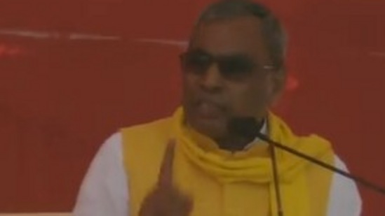 UP Election 2022: OP Rajbhar is seen addressing a rally in a screengrab from video tweeted by ANI.&nbsp;(ANI )