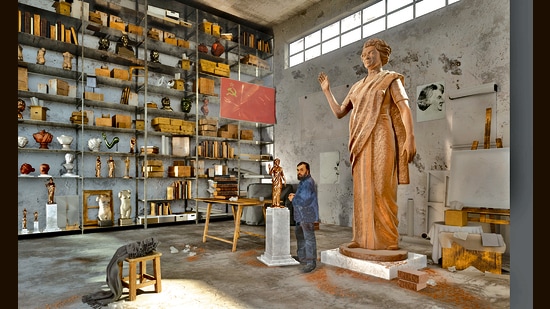 A digital reconstruction of Soviet artist Oleg Komov’s studio. In the 1980s, he was asked to design a statue of former PM Indira Gandhi for Nariman Point, akin to the Statue of Liberty. (GRAU Visuals, Rimshi Agrawal and Anil Jaiswar | Speculation)