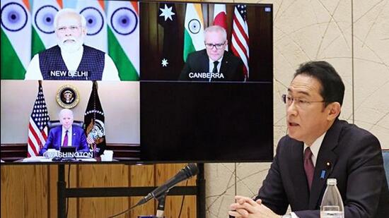 Japanese Prime Minister Fumio Kishida attends the virtual Quadrilateral Security Dialogue (QUAD) with US President Joe Biden, Prime Minister Narendra Modi and Australian Prime Minister Scott Morrison, in Tokyo on Thursday. (ANI PHOTO.)
