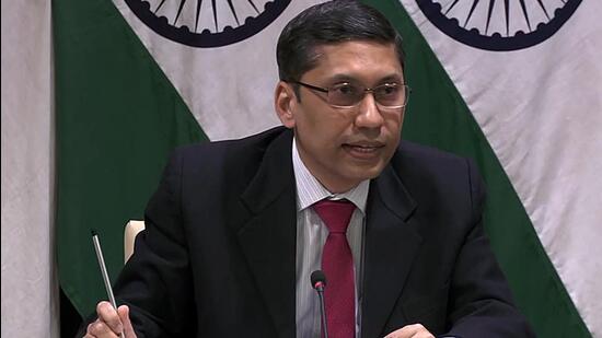 Ministry of external affairs spokesperson Arindam Bagchi addresses a press conference, in New Delhi on Thursday. (ANI)