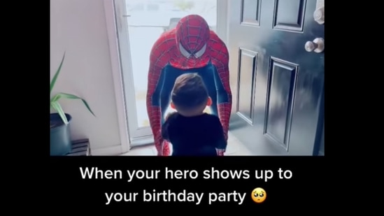 The kid's reaction when he sees Spider-Man at his doorstep on his birthday is too adorable to watch.&nbsp;(worthfeed/Instagram)