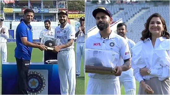 Virat Kohli receives 100th Test cap from Rahul Dravid; Kohli alongside wife Anushka Sharma after receiving the cap.(Hotstar)