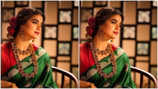 In a gold choker, gold necklace and gold jhumkas from the shelves of Josalukkas, Keerthy looked like a pretty Indian bride.(Instagram/@keerthysureshofficial)