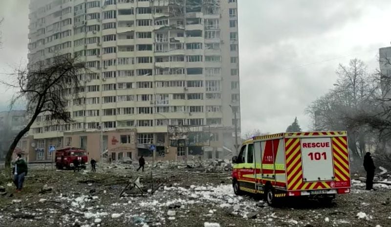 A rescue van is seen at the site after the shelling attack by the Russian army, following Russia's invasion of Ukraine, in Chernihiv on March 3, 2022.&nbsp; (via Reuters)