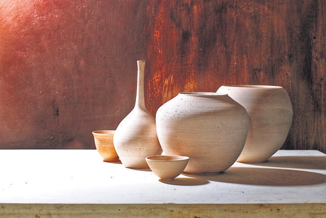 Items from Thrissur-based Clayfingers’s bisqueware collection. Co-founder Haseena Suresh offers a three-month residency programme at her 8-acre studio and home. ‘You could call pottery the new yoga,’ she says.