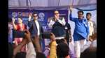 BSP leader Satish Chandra Mishra at a public meeting in Sonbhadra on Saturday. (HT PHOTO)