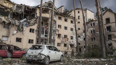 An apartment building damaged following a shelling on the town of Irpin, 26km west of Kyiv, Ukraine, on Friday. (AP) An apartment building damaged following a shelling on the town of Irpin, 26km west of Kyiv, Ukraine, on Friday. (AP)