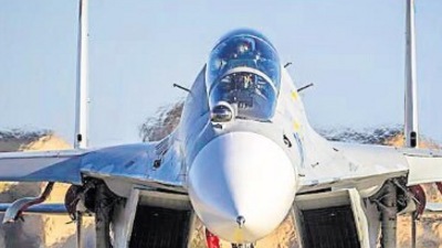 A J-16 fighter jet at a training base for People’s Liberation Army (PLA) naval aviation force in China’s Zhejiang Province. (AP/File)