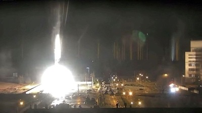 Surveillance camera footage shows a flare landing at the Zaporizhzhia nuclear power plant during shelling in Enerhodar, Zaporizhia Oblast, Ukraine. (REUTERS)