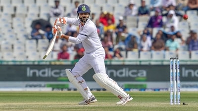 Ravindra Jadeja plays a shot during the 2nd day of the 1st Test between India and Sri Lanka, at IS Bindra PCA Stadium, in Mohali. (PTI )