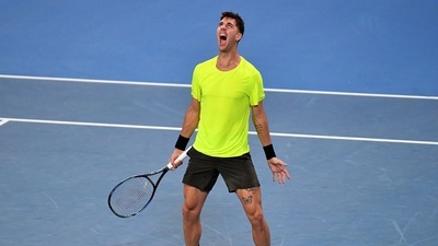 Thanasi Kokkinakis of Australia celebrates his victory against Zsombor Piros of Hungary during their men's singles tennis match of the 2022 Davis Cup Qualifier between Australia and Hungary in Sydney on March 5, 2022. (Photo by Muhammad FAROOQ / AFP) / -- IMAGE RESTRICTED TO EDITORIAL USE - STRICTLY NO COMMERCIAL USE -- (AFP) Thanasi Kokkinakis of Australia celebrates his victory against Zsombor Piros of Hungary during their men's singles tennis match of the 2022 Davis Cup Qualifier between Australia and Hungary in Sydney on March 5, 2022. (Photo by Muhammad FAROOQ / AFP) / -- IMAGE RESTRICTED TO EDITORIAL USE - STRICTLY NO COMMERCIAL USE -- (AFP)