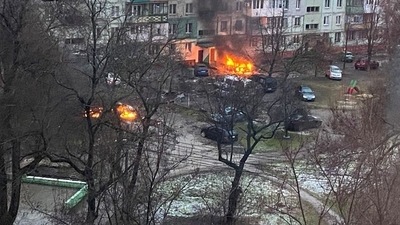 FILE PHOTO: Fire is seen in Mariupol at a residential area after shelling amid Russia's invasion of Ukraine March 3, 2022, in this image obtained from social media. Twitter @AyBurlachenko via REUTERS (via REUTERS)