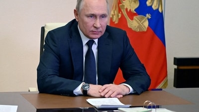 FILE PHOTO: Russian President Vladimir Putin chairs a meeting with members of the Security Council via a video link.&nbsp; (via REUTERS)
