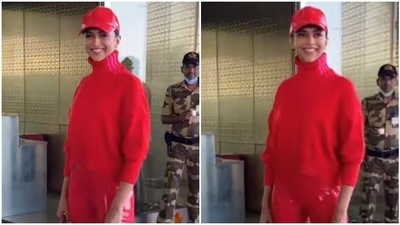 Deepika Padukone wore an all-red outfit for her travel.