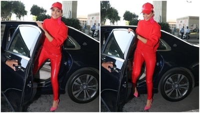 Deepika wore the ribbed top with a pair of faux leather pants featuring pink stripes on the side and a bodycon fit. She wore the ensemble with pink high-heeled stilettos and a printed Louis Vuitton top handle bag. (HT Photo/Varinder Chawla) Deepika wore the ribbed top with a pair of faux leather pants featuring pink stripes on the side and a bodycon fit. She wore the ensemble with pink high-heeled stilettos and a printed Louis Vuitton top handle bag. (HT Photo/Varinder Chawla)