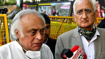 Senior Congress leaders Jairam Ramesh and Salman Khurshid met the Election Commission on Friday and sought its urgent intervention to ensure a free and fair election in Manipur. (ANI)