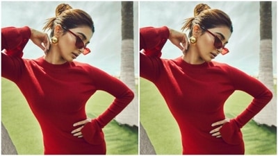 Pooja played muse to British fashion designer house Safiyaa and picked a red co-ord set for the pictures. (Instagram/@hedgepooja)