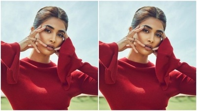 Styled by fashion stylist Tanya Ghavri, Pooja wore her tresses into a clean bun and added golden earstuds from the shelves of Viange Fine Jewels to her look. (Instagram/@hedgepooja)