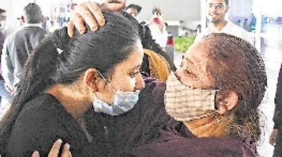 A student meets her family member as she arrived after being evacuated from war-torn Ukraine, in New Delhi. (ANI)