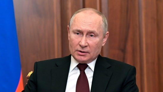 Russian President Vladimir Putin addressing the nation in the Kremlin in Moscow. (AP)