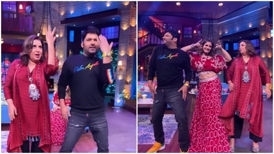 Raveena Tandon, Farah Khan, and Kapil Sharma dance on Tip Tip Barsa Paani. Raveena Tandon, Farah Khan, and Kapil Sharma dance on Tip Tip Barsa Paani.