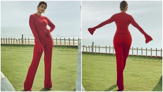 Pooja &nbsp;Hegde is a retro queen in monotone ensemble.