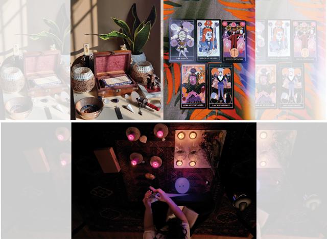 Devansh’s crystals and pendulum (top left); Rohan Dahiya’s deck of cards (top right); and Maniza Khalid’s gratitude to the night ritual (above)