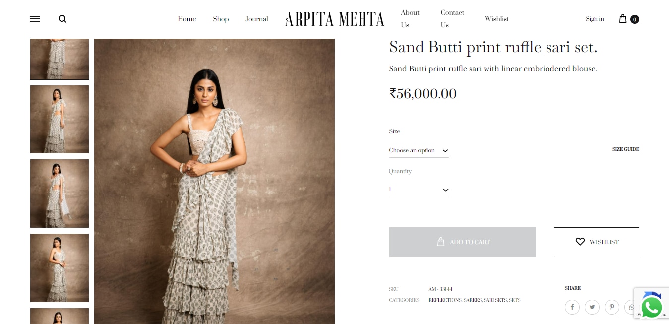 Keerthy Suresh's Sand Butti print ruffle sari set. (arpitamehtaofficial.com)