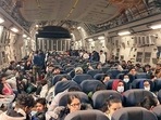Indian nationals inside an IAF C-17 aircraft after being evacuated using airfields in Romania and Hungary in view of the Ukraine conflict as part of Operation Ganga.(ANI) Indian nationals inside an IAF C-17 aircraft after being evacuated using airfields in Romania and Hungary in view of the Ukraine conflict as part of Operation Ganga.(ANI)