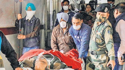 An injured BSF jawan being shifted to Guru Nanak Dev hospital in Amritsar on Sunday. (PTI) An injured BSF jawan being shifted to Guru Nanak Dev hospital in Amritsar on Sunday. (PTI)