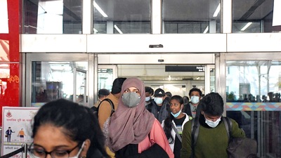 New Delhi, Mar 05 (ANI): Indian students arrived after being evacuated from war-torn Ukraine under 'Operation Ganga' at Indira Gandhi International Airport, in New Delhi on Saturday. (ANI Photo) (Ishant Kumar)