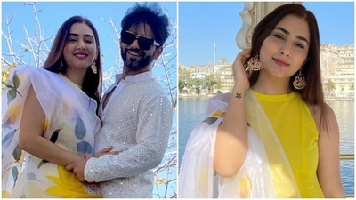 Disha Parmar and her husband Rahul Vaidya escaped to Udaipur, the City of Lakes, to enjoy a romantic getaway. The Bade Achhe Lagte Hain 2 actor took to Instagram to share pictures from the holiday with her 1.8 million-strong online family. The images show the couple dressed in traditional ensembles for the photoshoot, done at a luxurious resort in Udaipur. (Instagram/@dishaparmar) Disha Parmar and her husband Rahul Vaidya escaped to Udaipur, the City of Lakes, to enjoy a romantic getaway. The Bade Achhe Lagte Hain 2 actor took to Instagram to share pictures from the holiday with her 1.8 million-strong online family. The images show the couple dressed in traditional ensembles for the photoshoot, done at a luxurious resort in Udaipur. (Instagram/@dishaparmar)