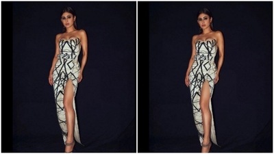 Mouni Roy played muse to fashion designer Saisha Shinde and picked a monochrome gown for the pictures. (Instagram/@imouniroy)