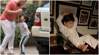 Saif Ali Khan smiled after his son Taimur whacked him in an interaction captured on camera by paparazzi. Saif Ali Khan smiled after his son Taimur whacked him in an interaction captured on camera by paparazzi.