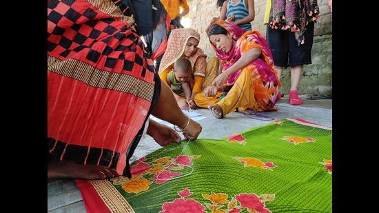 Kheta embroidered textiles, influenced from a river’s movement and the life around it, are on display at an exhibition in the Delhi.