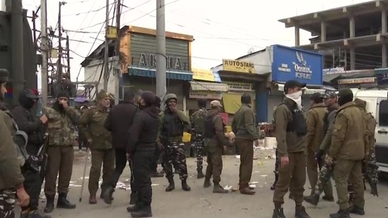 Security forces stand guard in the Amira Kadal area of Srinagar on Sunday. (ANI Twitter) Security forces stand guard in the Amira Kadal area of Srinagar on Sunday. (ANI Twitter)