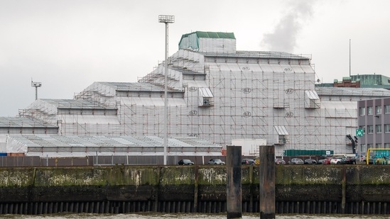 The Dilbar superyacht, owned by Russian billionaire Alisher Usmanov, under cover while undergoing refitting at the Blohm & Voss dock in Hamburg, Germany. (Bloomberg)