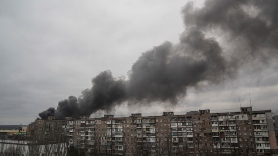 Smoke rises after shelling by Russian forces in Mariupol, Ukraine (AP Photo/Evgeniy Maloletka)(AP)