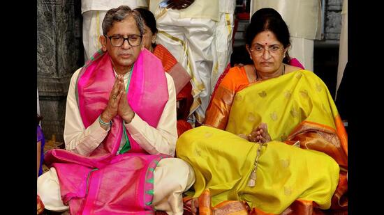 Chief justice NV Ramana with his wife at Venkateswara temple on Sunday. (PTI)