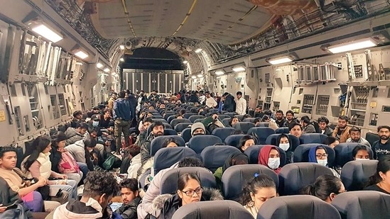 Indian nationals inside an IAF C-17 aircraft after being evacuated using airfields in Romania and Hungary in view of the Ukraine conflict as part of Operation Ganga.(ANI)