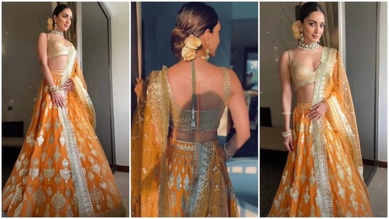 Kiara Advani chose a bright orange and gold lehenga for her sister Ishita Advani's wedding.