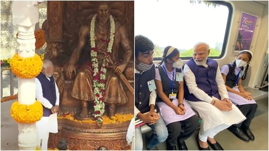 Prime Minister Narendra Modi unveils the statue of Chhatrapati Shivaji Maharaj (L), and takes ride in Pune Metro (R).
