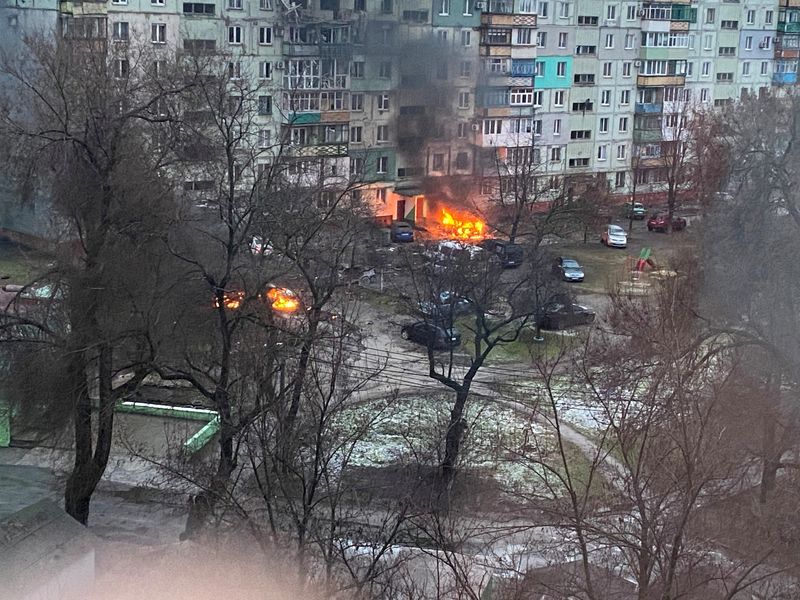 Fire is seen in Mariupol at a residential area after shelling amid Russia's invasion of Ukraine March 3, 2022, in this image obtained from social media. (Twitter @AyBurlachenko via REUTERS)