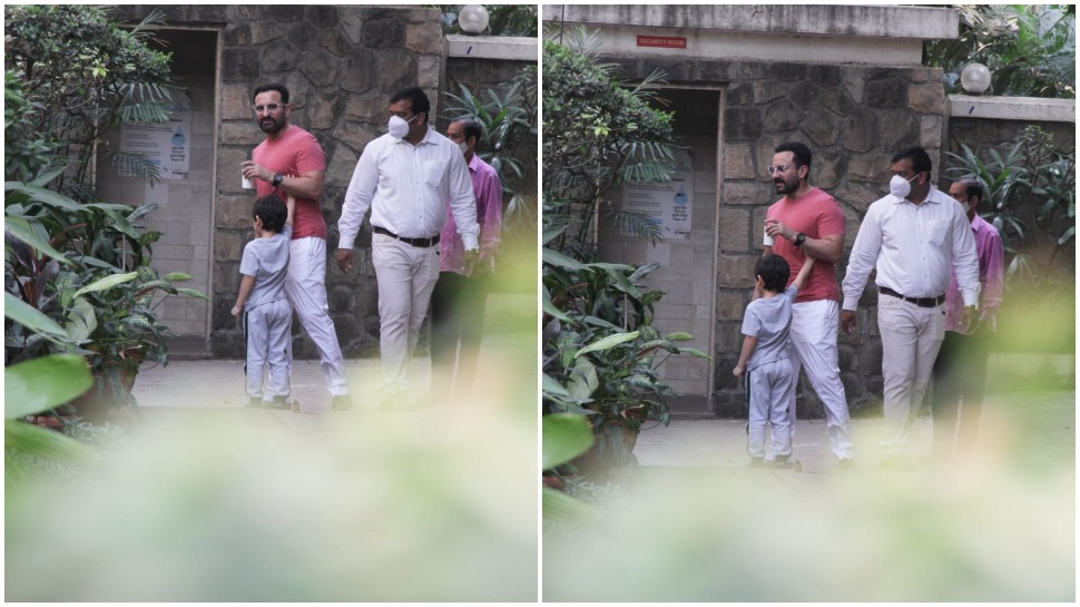 Saif and Taimur spotted outside their home.