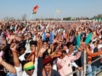 BJP supporters during a Union home minister Amit Shah's public rally for the Uttar Pradesh assembly elections, in Kushinagar.